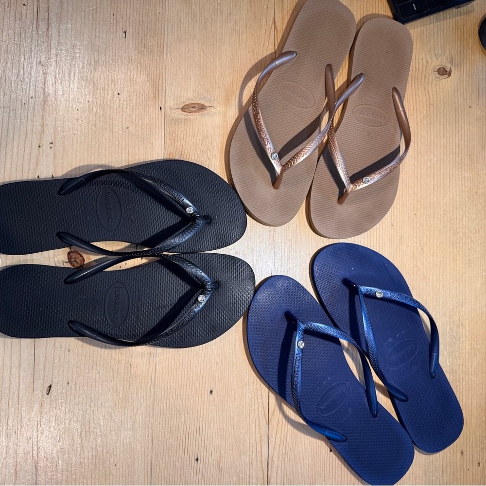 Havaianas Slim Crystal SW II Sandals, lot of 3 Blue,Black,Gold 9/10 41/42 Women